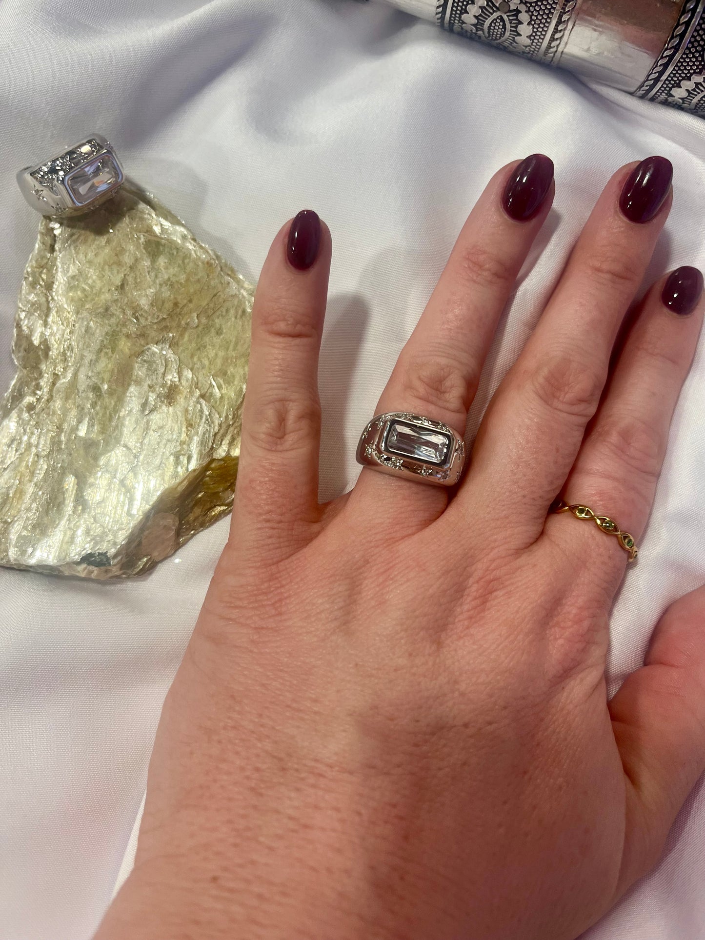 Celestial Rectangle CZ Ring –waterproof Silver