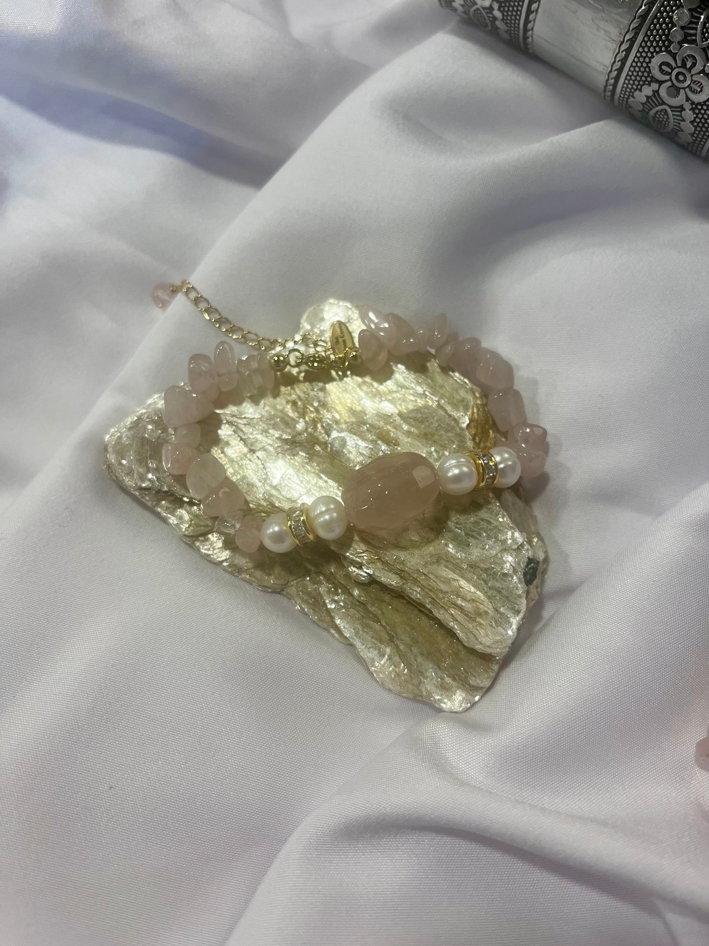 Rose Quartz & Biwa Pearl Bracelet – Gold Accent Love Crystal Jewelry