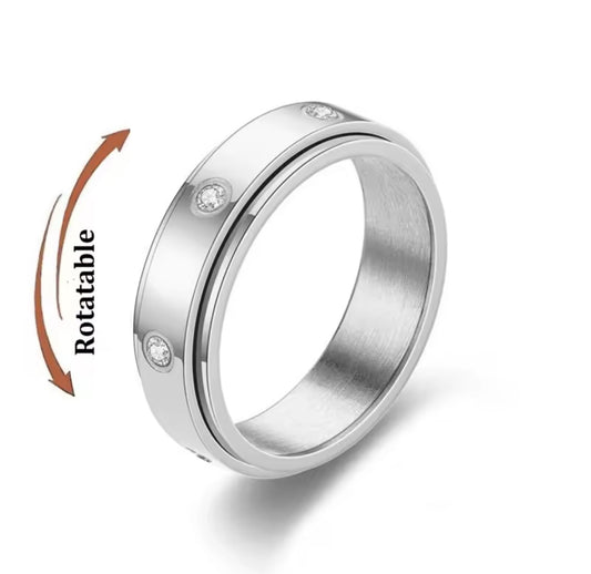 Silver Stainless Steel Anti-Anxiety Spinner Ring with Crystal Accents – Rotating Fidget Stress Relief Band