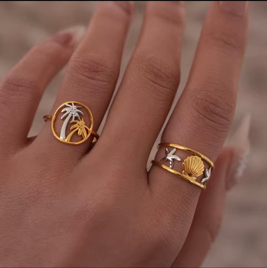 Gold Stainless Steel Palm Tree Adjustable Ring – Tropical Boho Jewelry