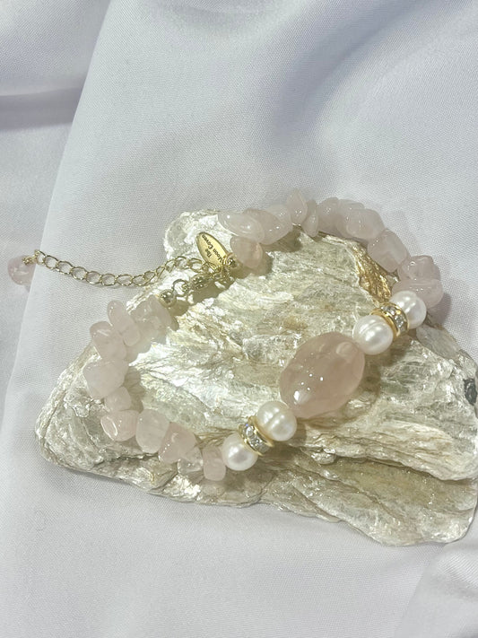 Rose Quartz & Biwa Pearl Bracelet – Gold Accent Love Crystal Jewelry