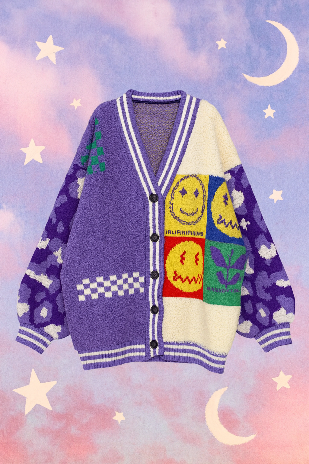 Oversized Smiley Face Cardigan in Purple & Cream – Chunky Colour Block Knit
