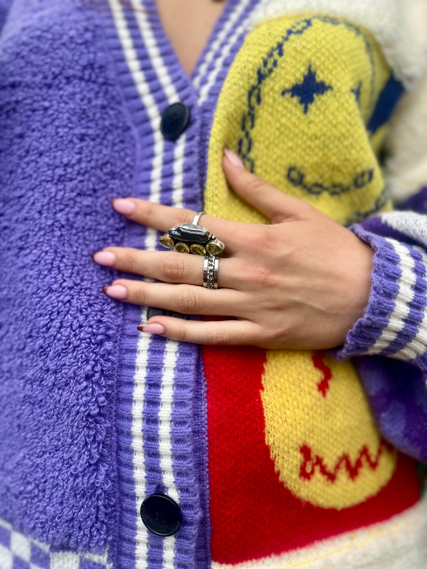 Oversized Smiley Face Cardigan in Purple & Cream – Chunky Colour Block Knit
