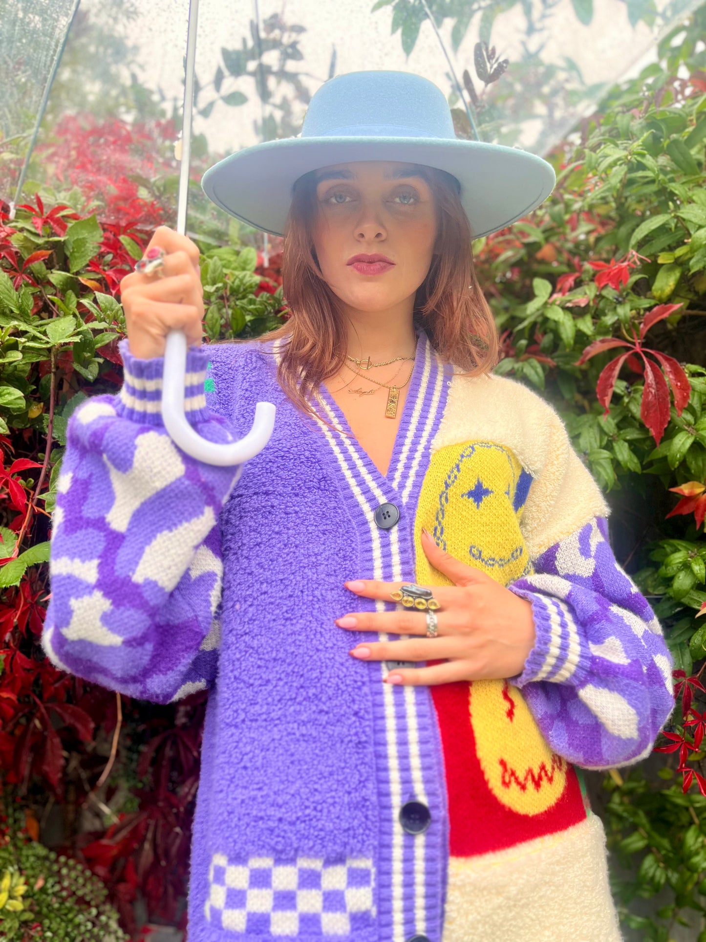 Oversized Smiley Face Cardigan in Purple & Cream – Chunky Colour Block Knit