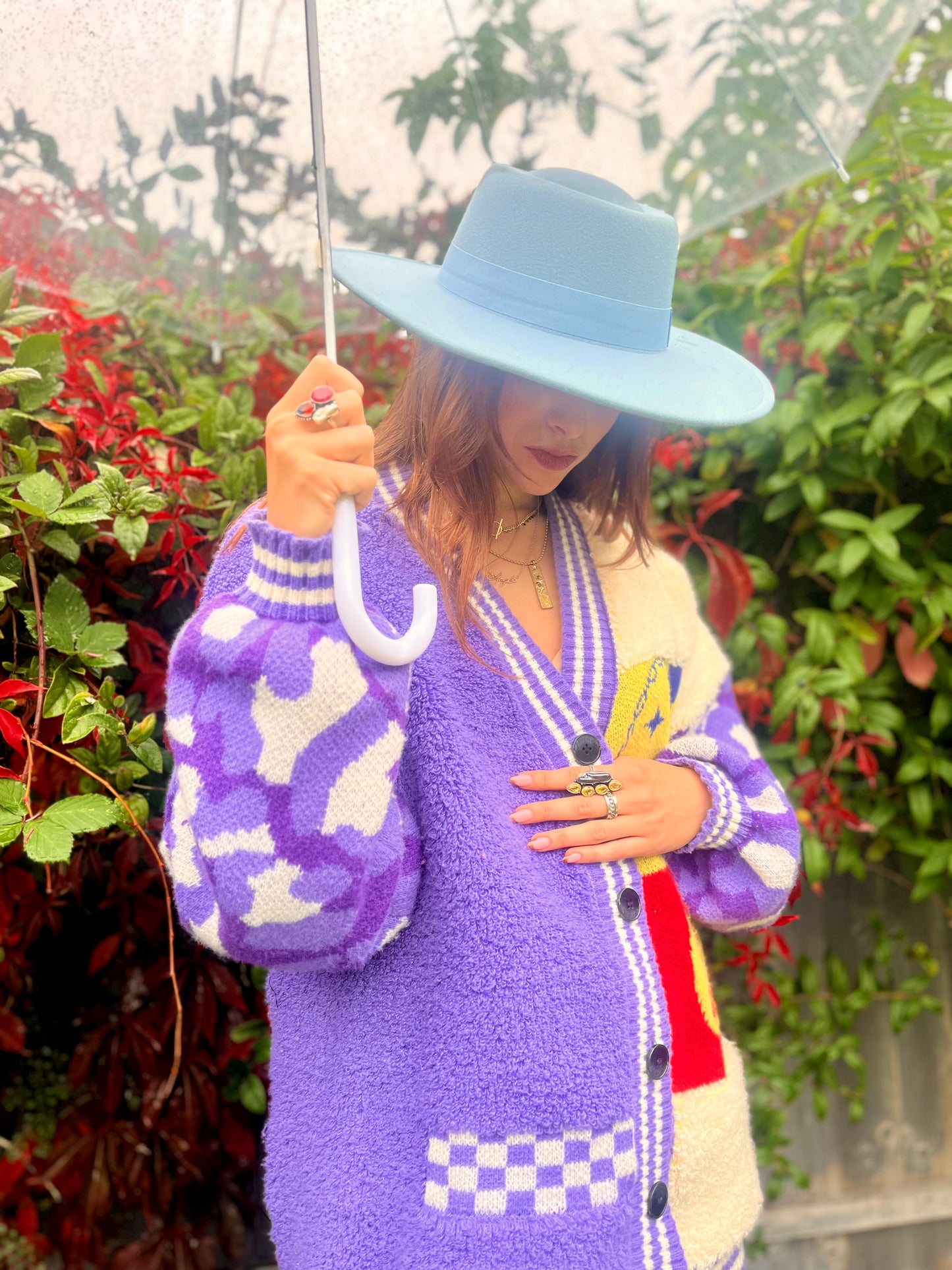 Oversized Smiley Face Cardigan in Purple & Cream – Chunky Colour Block Knit