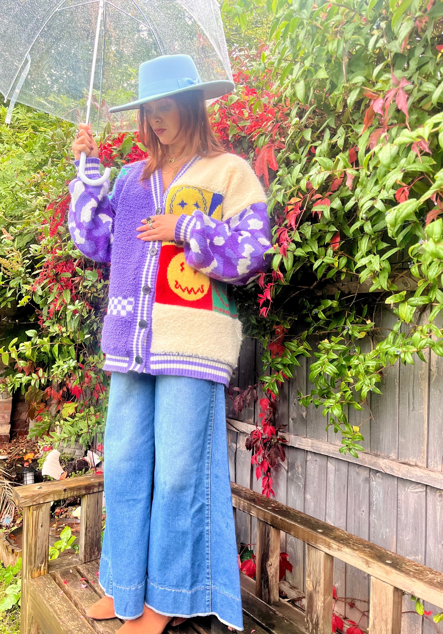 Oversized Smiley Face Cardigan in Purple & Cream – Chunky Colour Block Knit