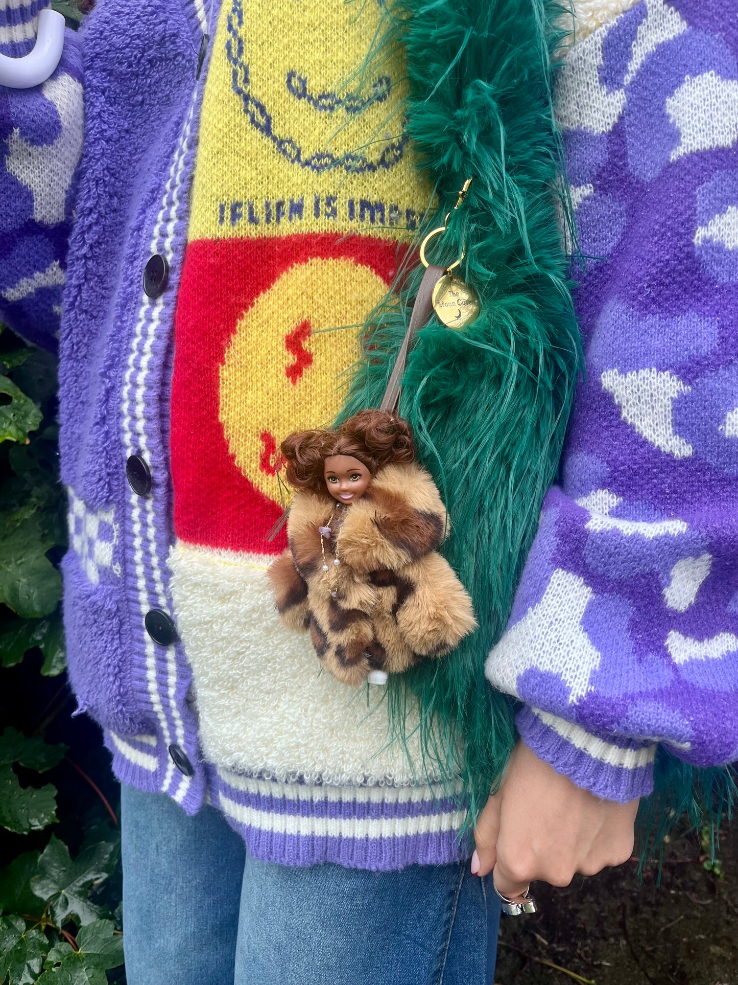 Oversized Smiley Face Cardigan in Purple & Cream – Chunky Colour Block Knit