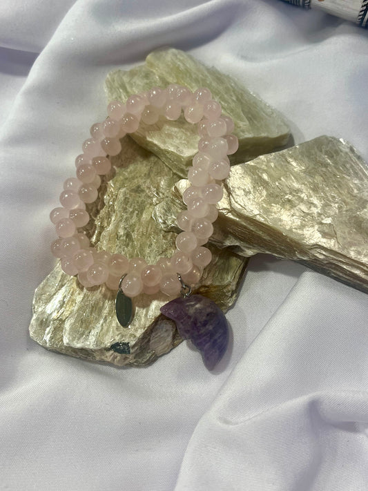 Rose Quartz Moon Bracelet β Amethyst Crescent Charm