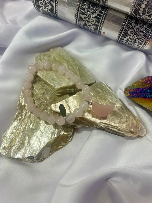 Rose Quartz Crescent Moon Bracelet β Self-Love, Emotional Healing & Divine Feminine Energy