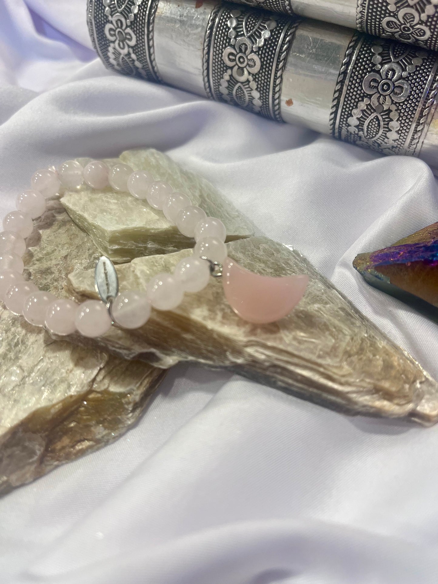 Rose Quartz Crescent Moon Bracelet – Self-Love, Emotional Healing & Divine Feminine Energy