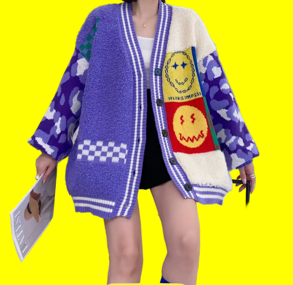 Oversized Smiley Face Cardigan in Purple & Cream – Chunky Colour Block Knit