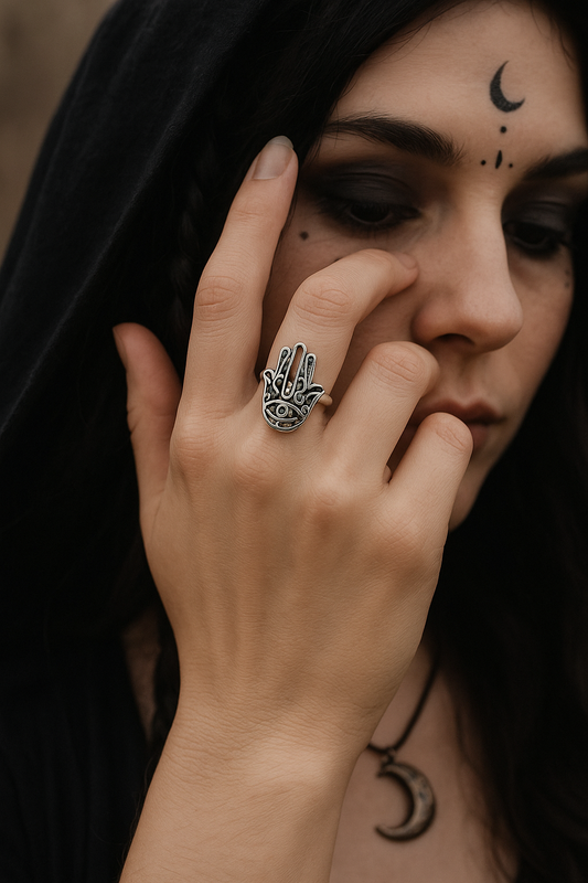Silver Hamsa Hand Ring – Evil Eye Protection Boho Jewelry