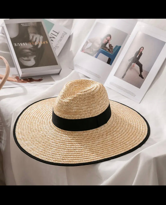 Bora Bora Large Brim Natural Straw Sun Hat with Black Grosgrain Trim