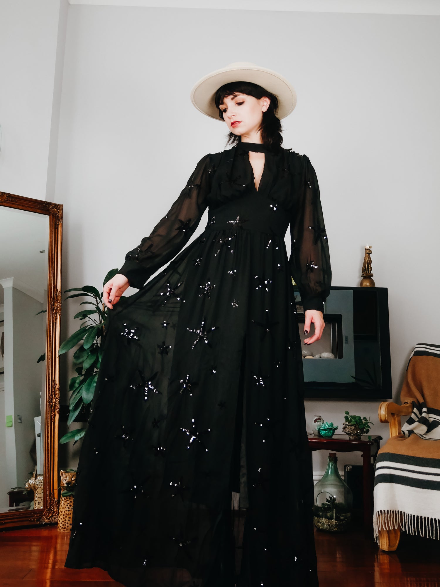 lucuna - star sequined long-sleeve layered mesh a-line dress lucuna