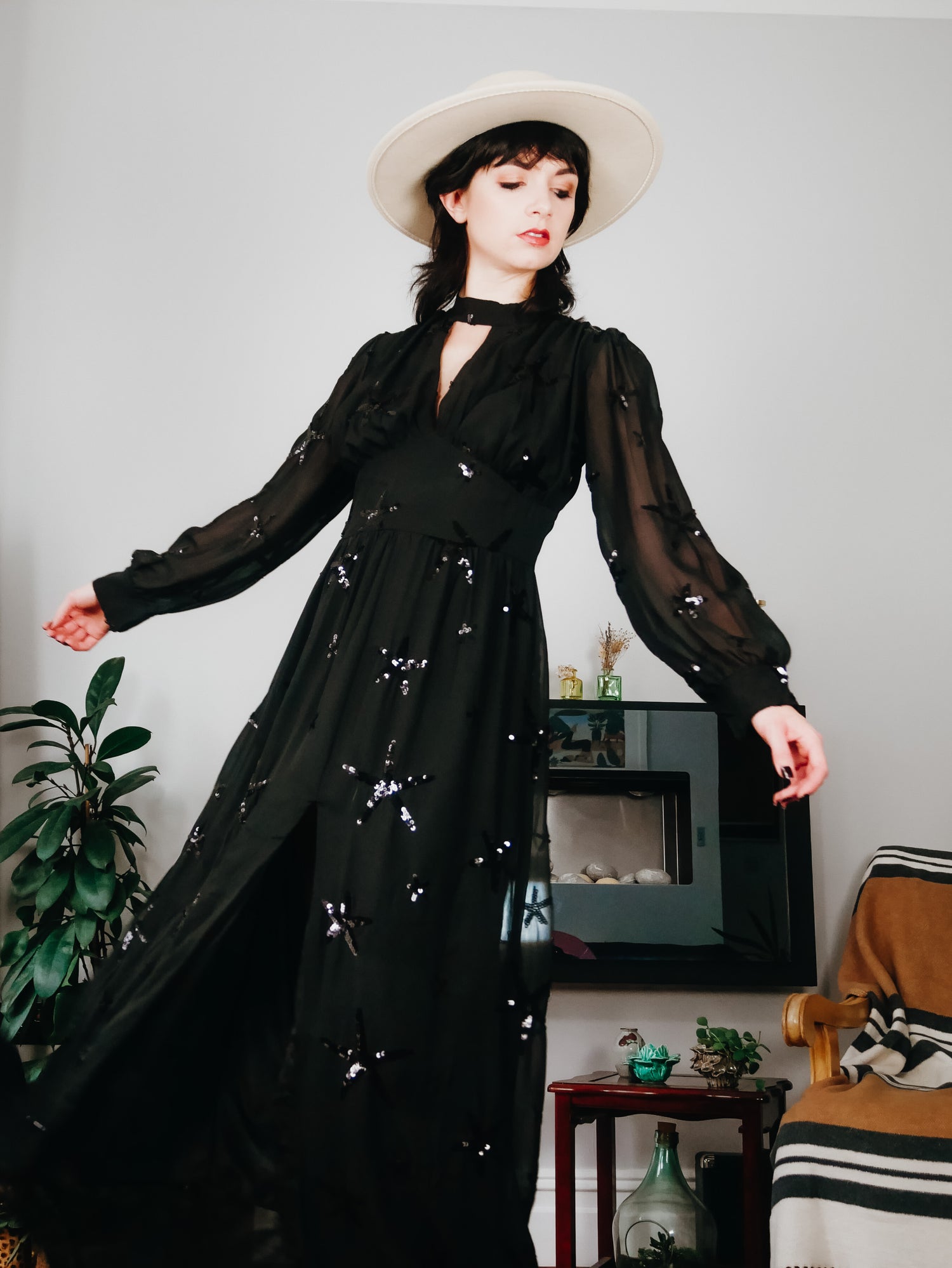 sun and moon sequin dress 1969 Boyd Clopton Couture Celestial Sun & Moon Beaded Sequin High-Slit Gown