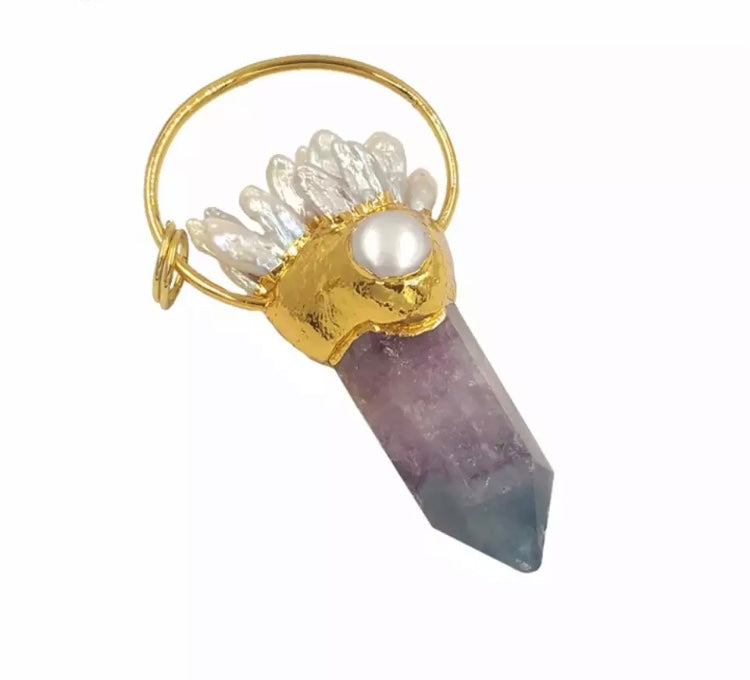 Large statement Rainbow Fluorite crystal and Biwa Pearl point necklace