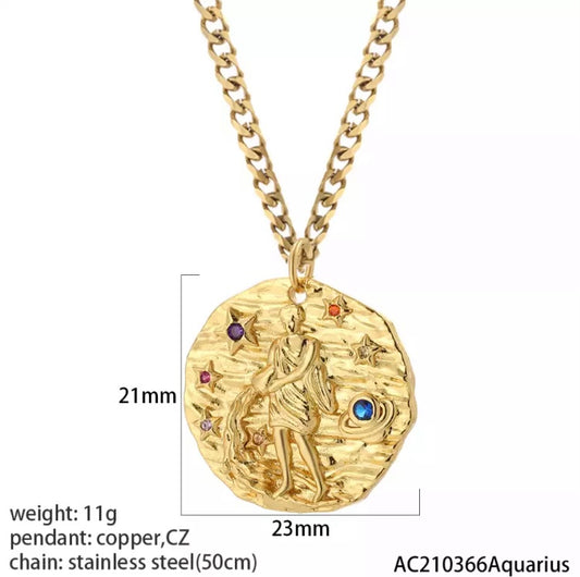 Aquarius Gold coin star sign necklace