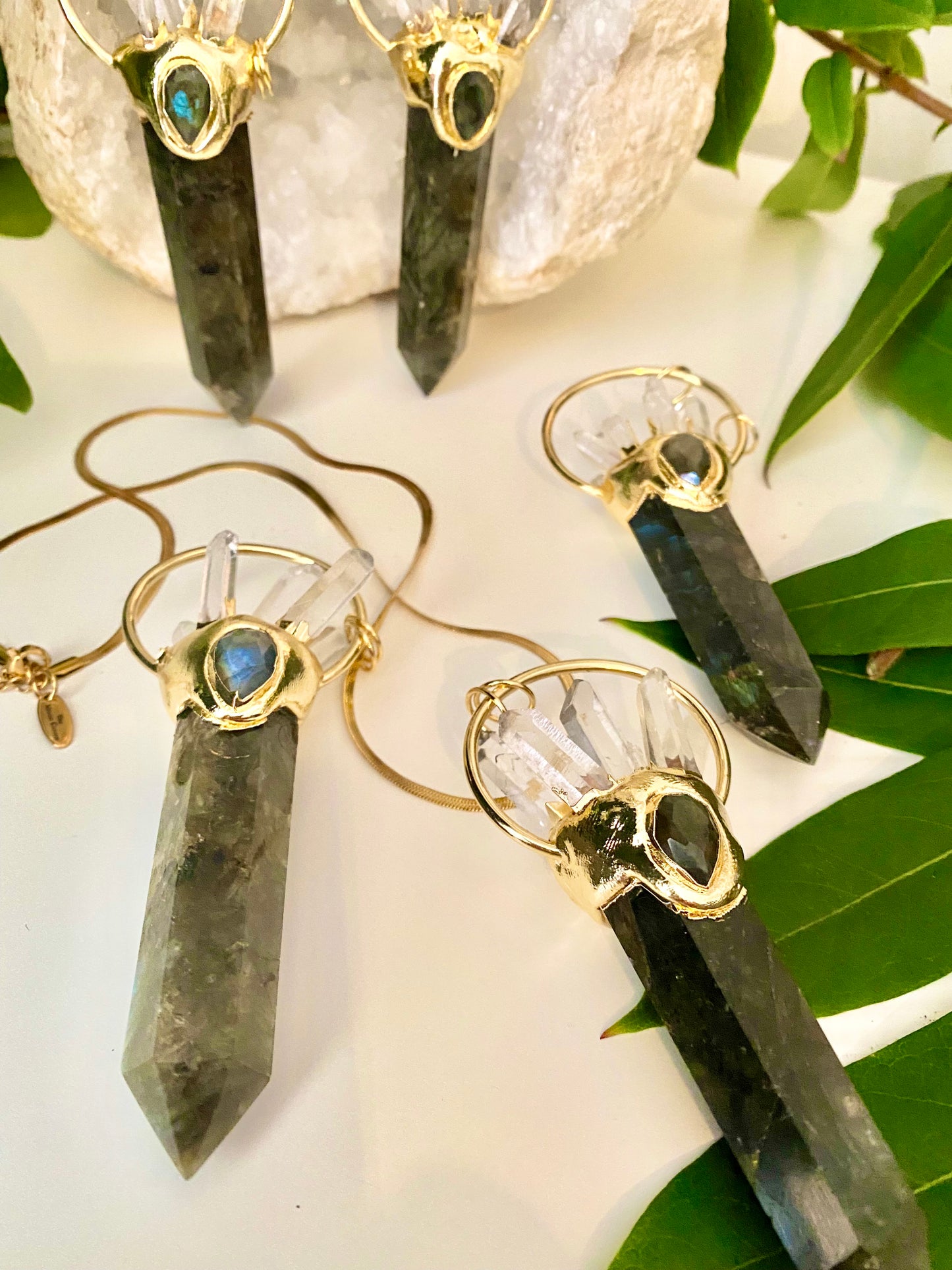 Large statement Labradorite crystal and clear Quartz point necklace