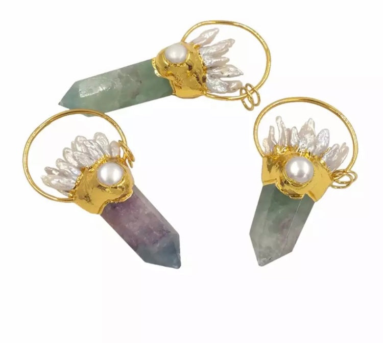 Large statement Rainbow Fluorite crystal and Biwa Pearl point necklace