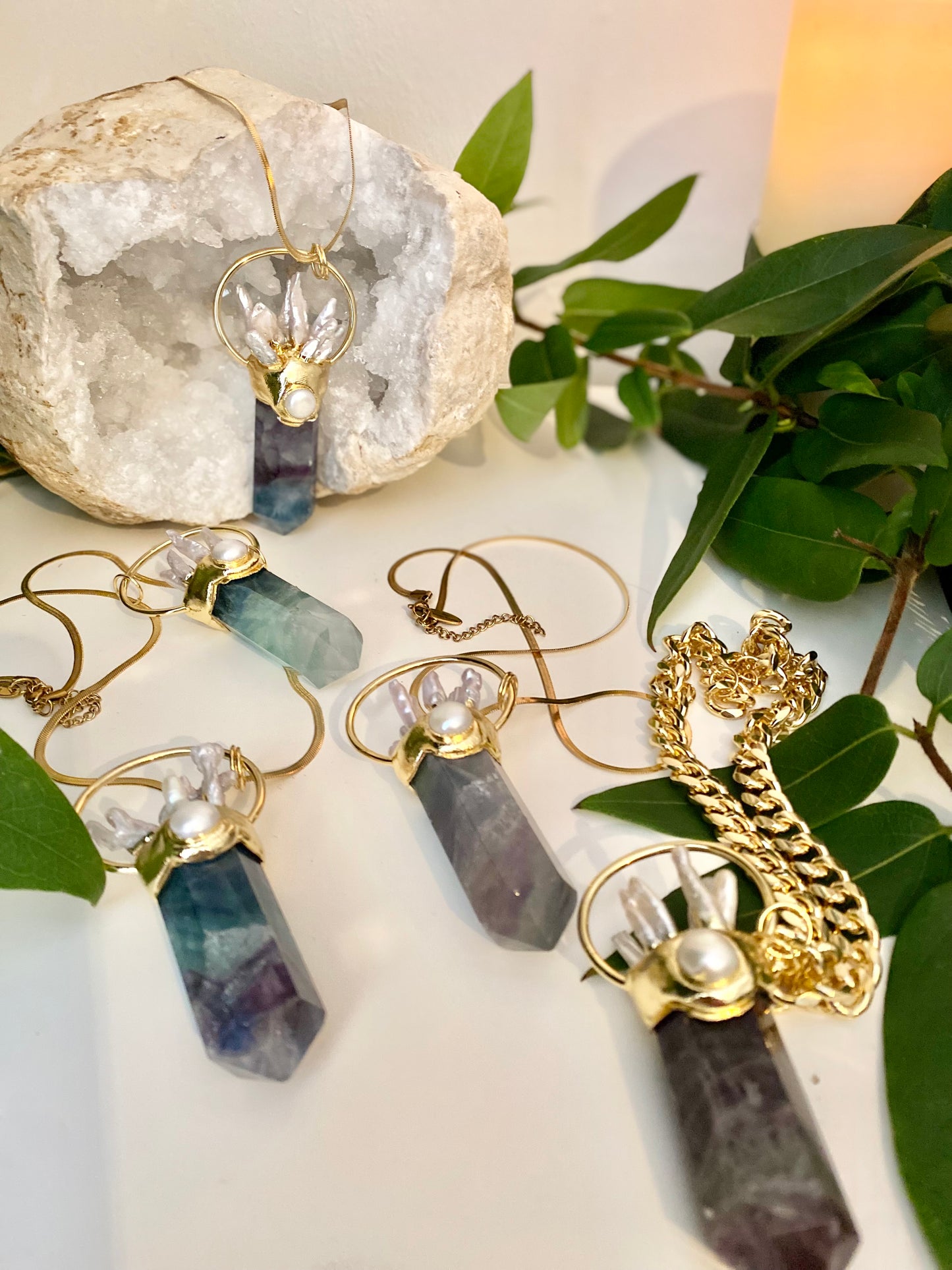 Large statement Rainbow Fluorite crystal and Biwa Pearl point necklace