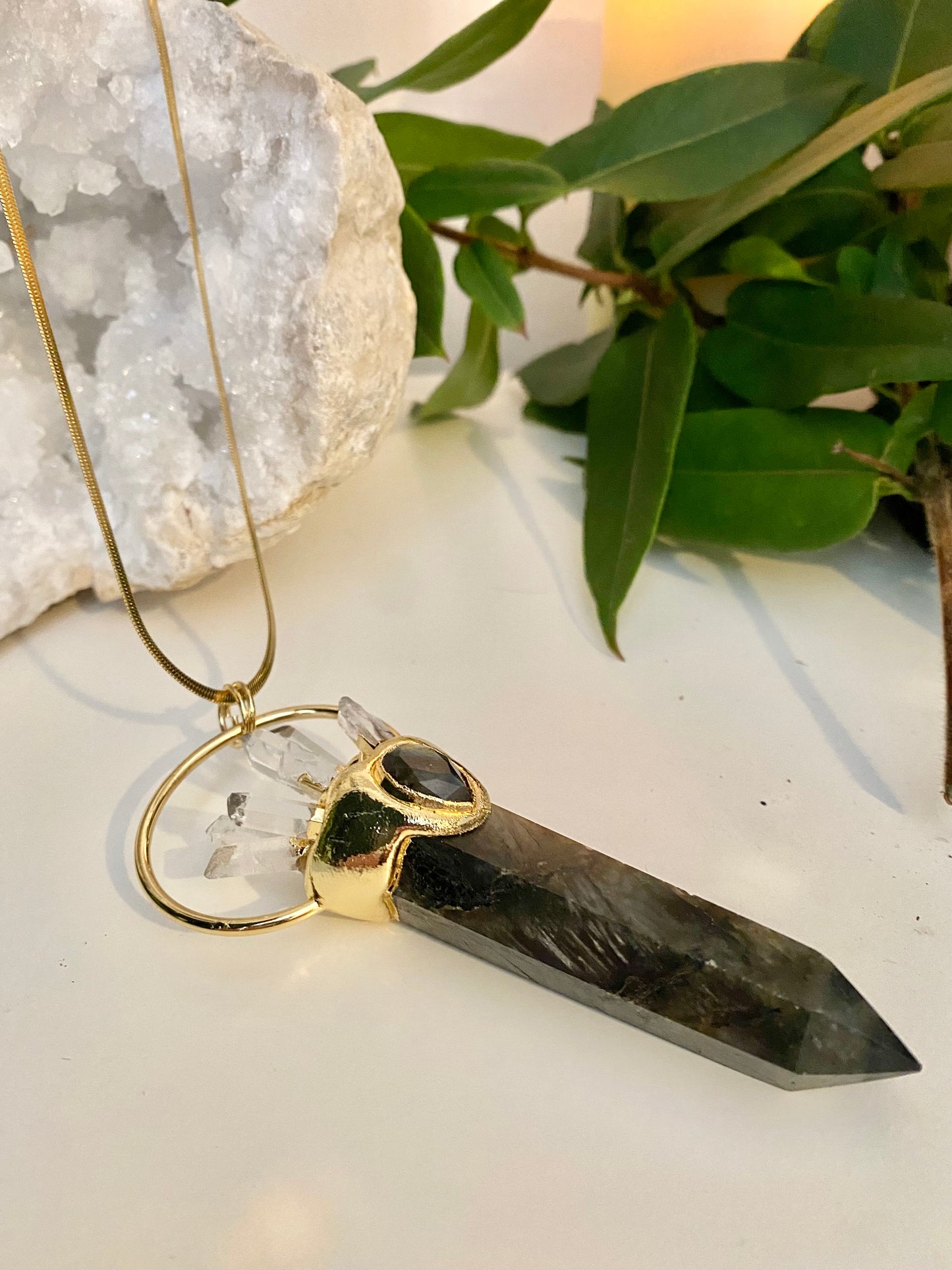 Large statement Labradorite crystal and clear Quartz point necklace