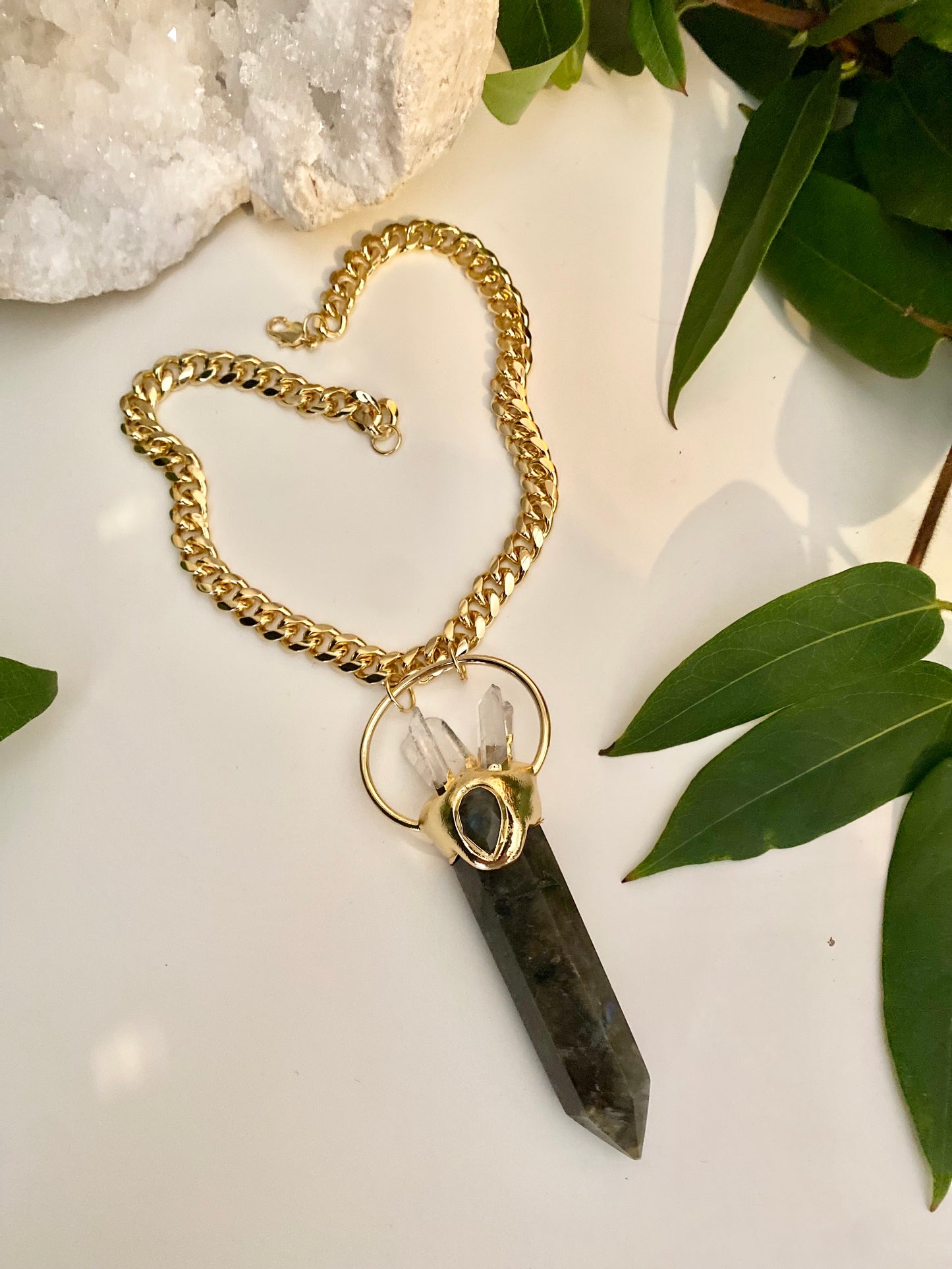 Large statement Labradorite crystal and clear Quartz point necklace