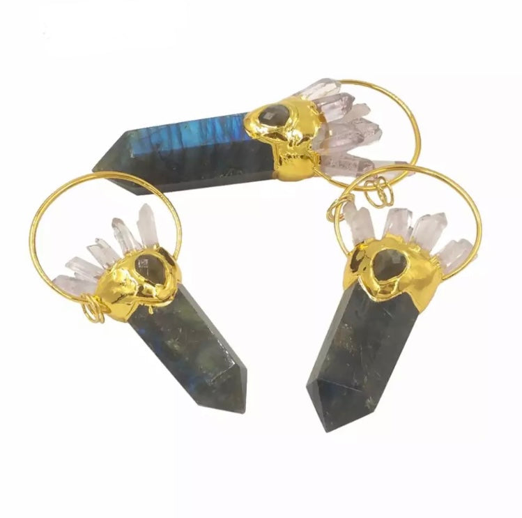 Large statement Labradorite crystal and clear Quartz point necklace