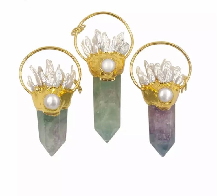 Large statement Rainbow Fluorite crystal and Biwa Pearl point necklace