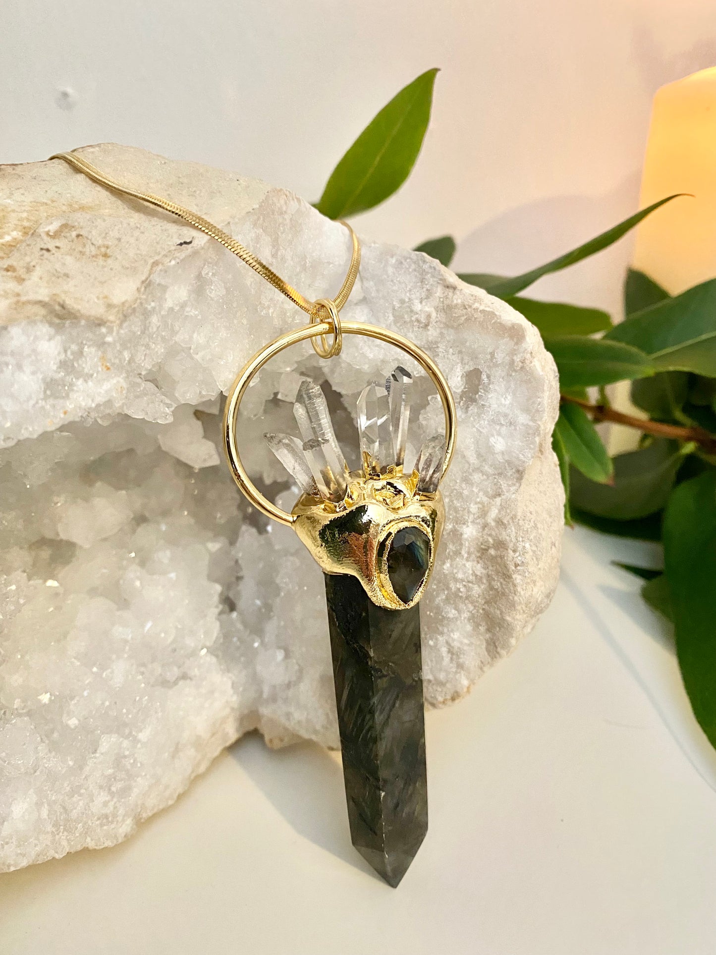 Large statement Labradorite crystal and clear Quartz point necklace