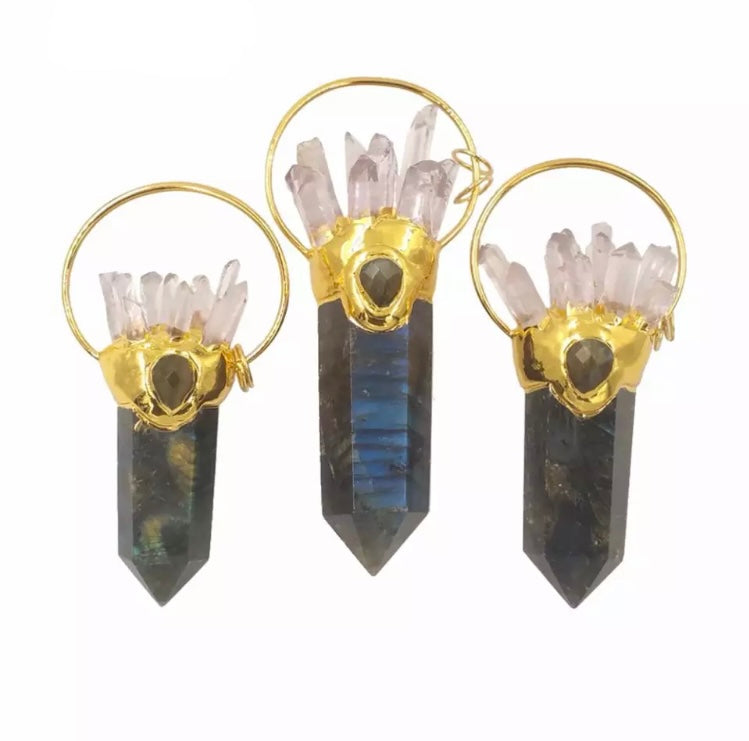 Large statement Labradorite crystal and clear Quartz point necklace