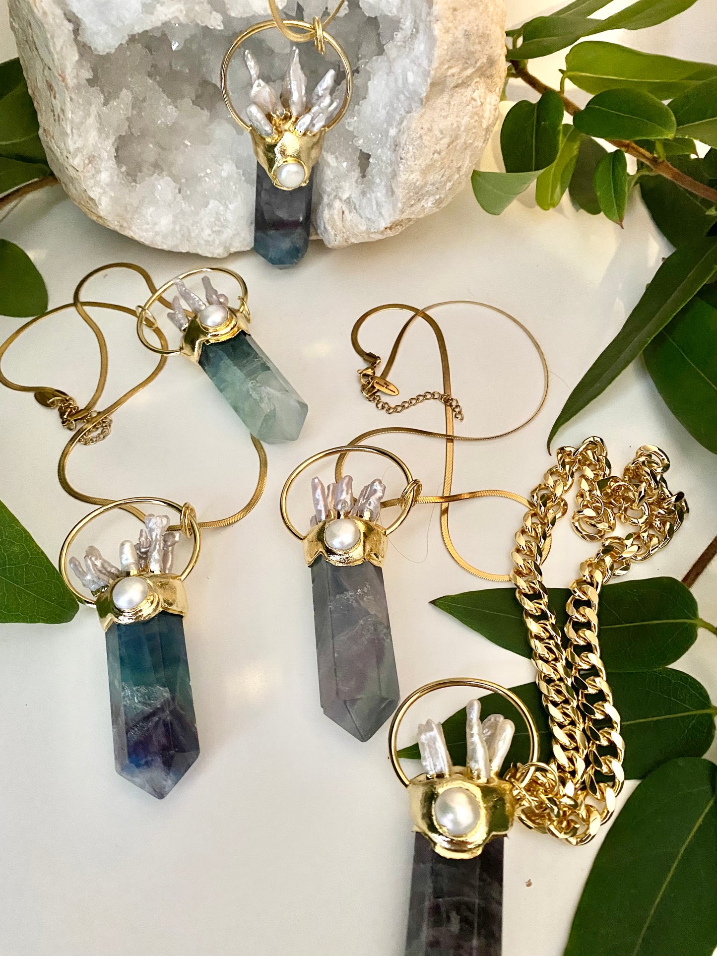 Large statement Rainbow Fluorite crystal and Biwa Pearl point necklace