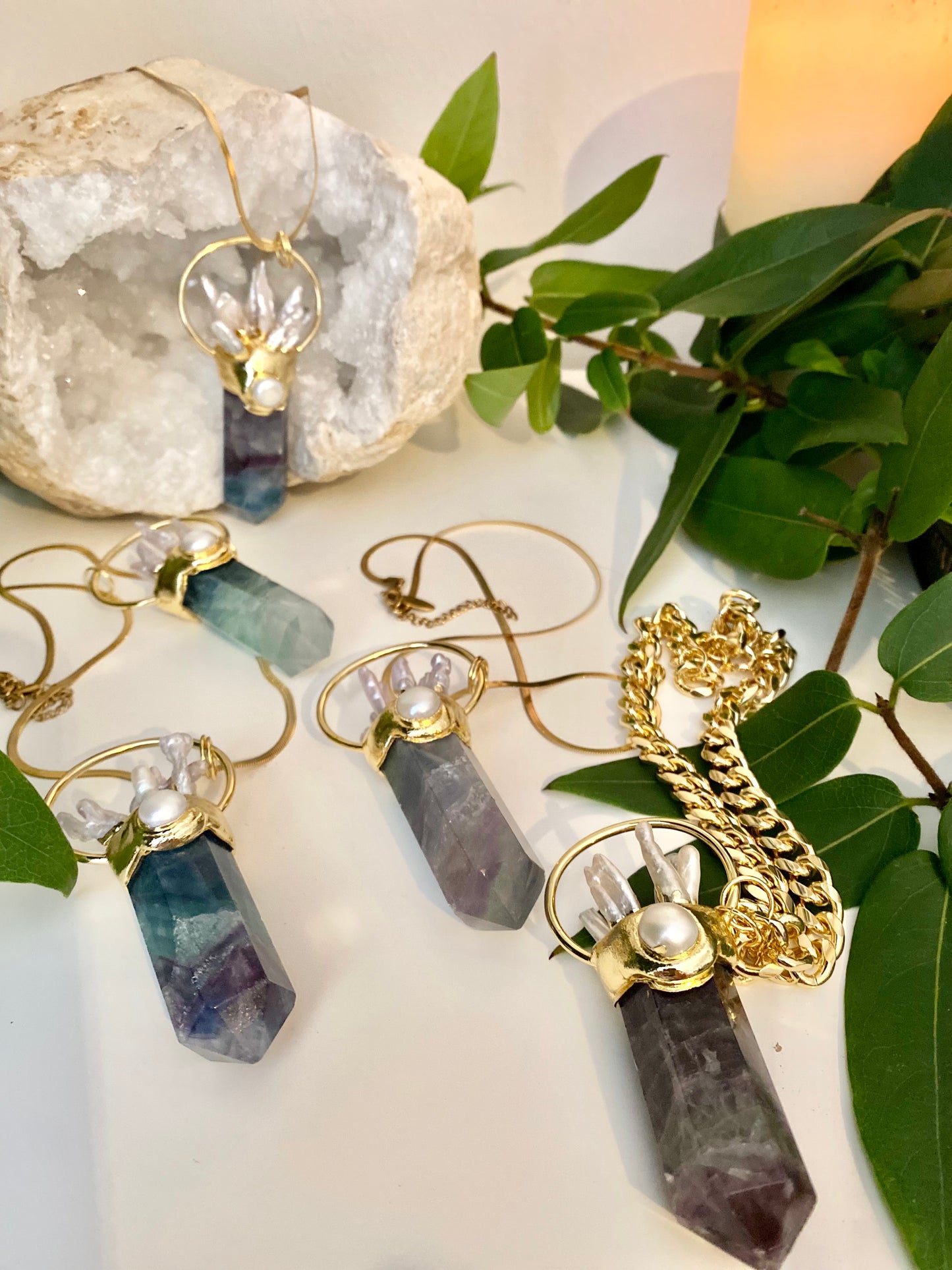 Large statement Rainbow Fluorite crystal and Biwa Pearl point necklace