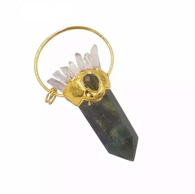 Large statement Labradorite crystal and clear Quartz point necklace