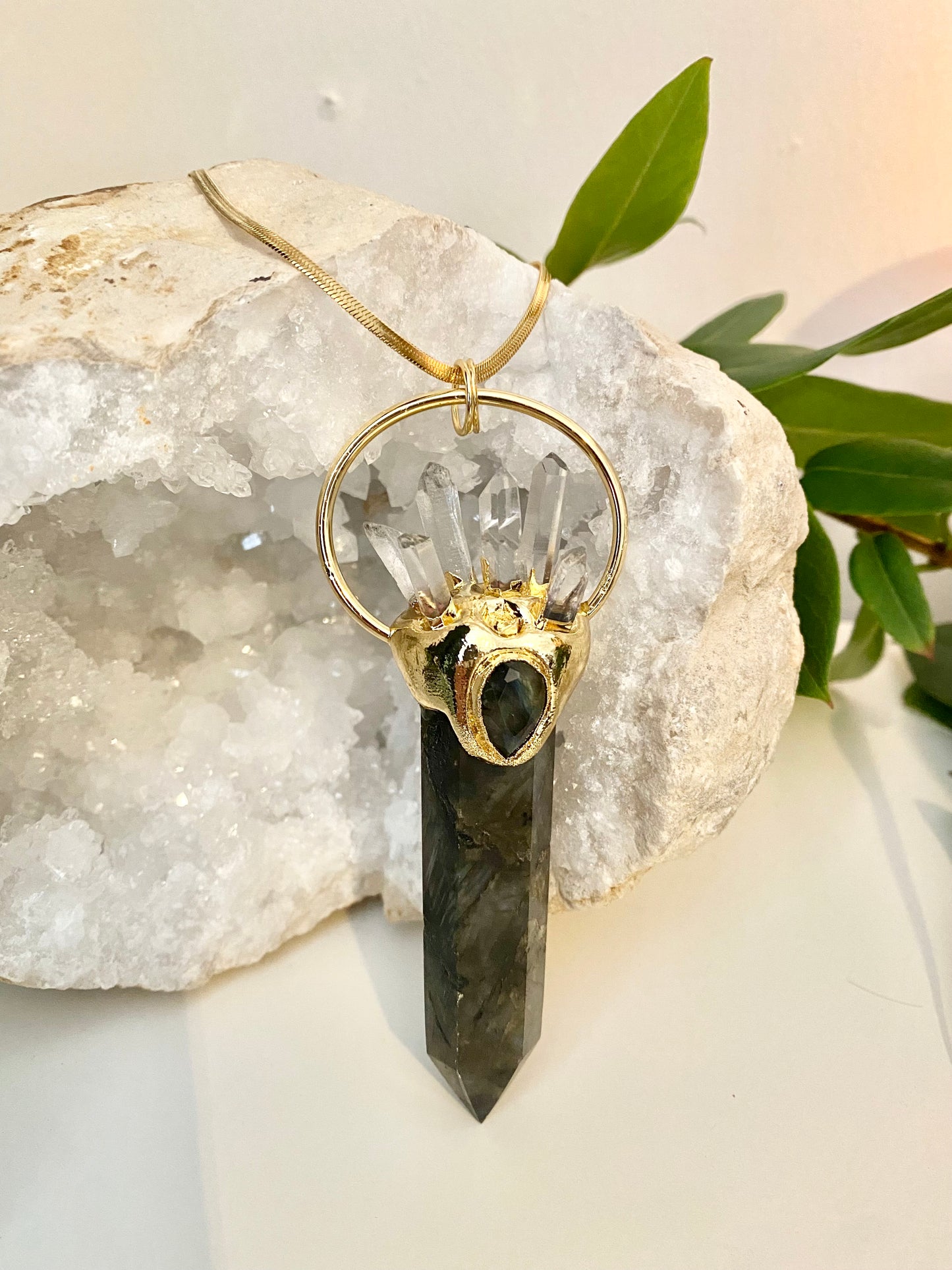 Large statement Labradorite crystal and clear Quartz point necklace