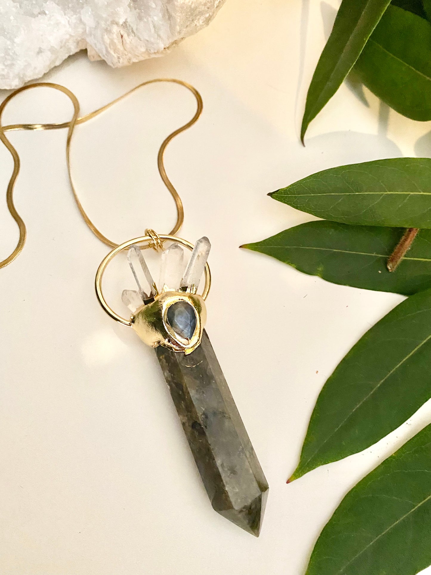 Large statement Labradorite crystal and clear Quartz point necklace