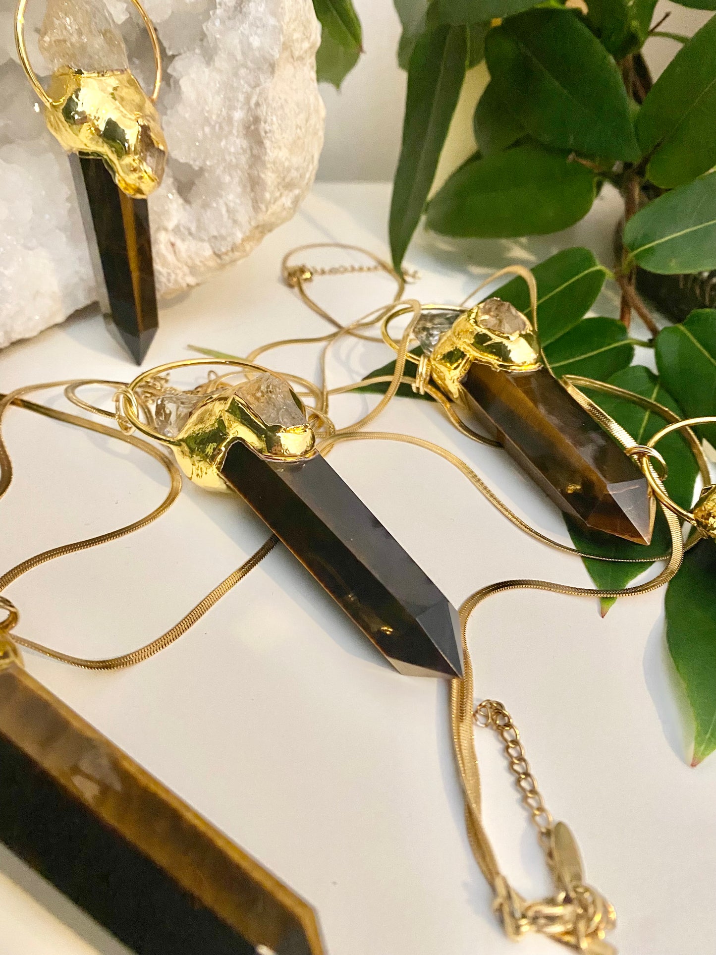 Large statement Tigers eye crystal and citrine point necklace