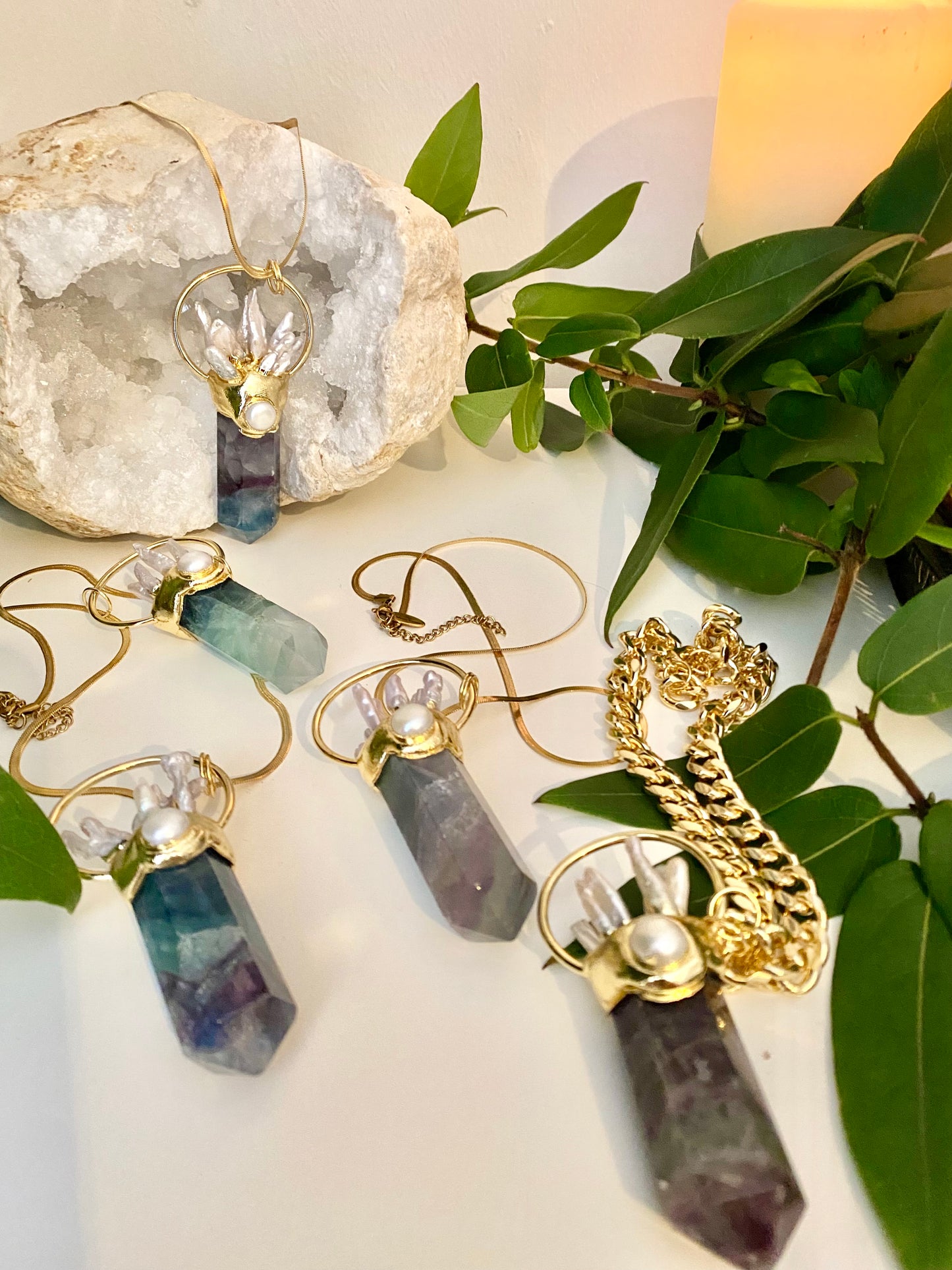 Large statement Rainbow Fluorite crystal and Biwa Pearl point necklace