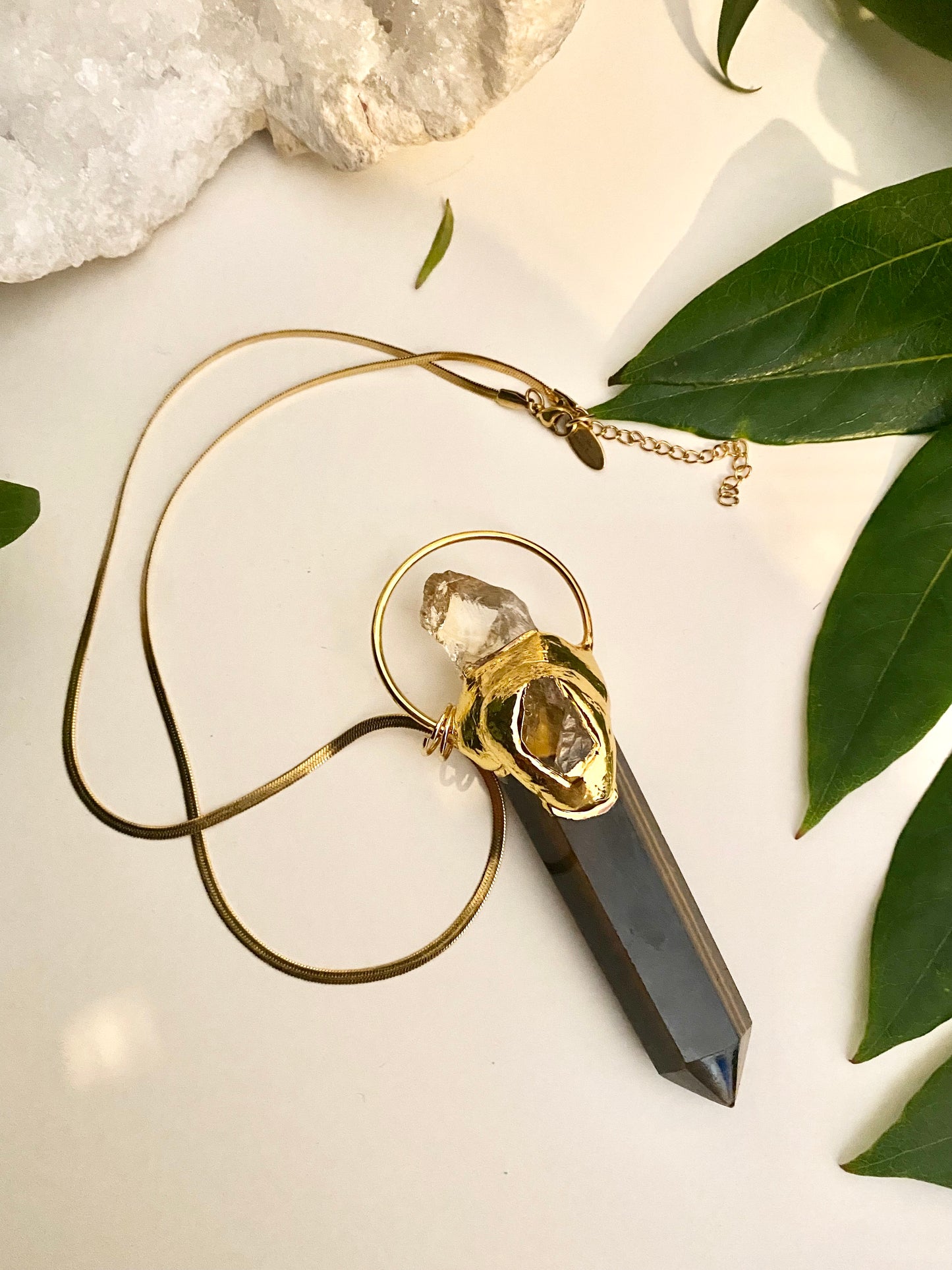 Large statement Tigers eye crystal and citrine point necklace