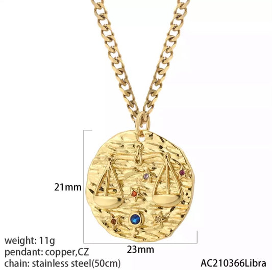 Libra Gold coin star sign necklace