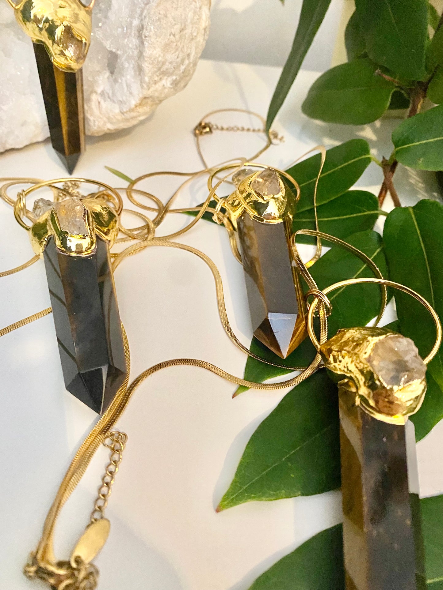 Large statement Tigers eye crystal and citrine point necklace