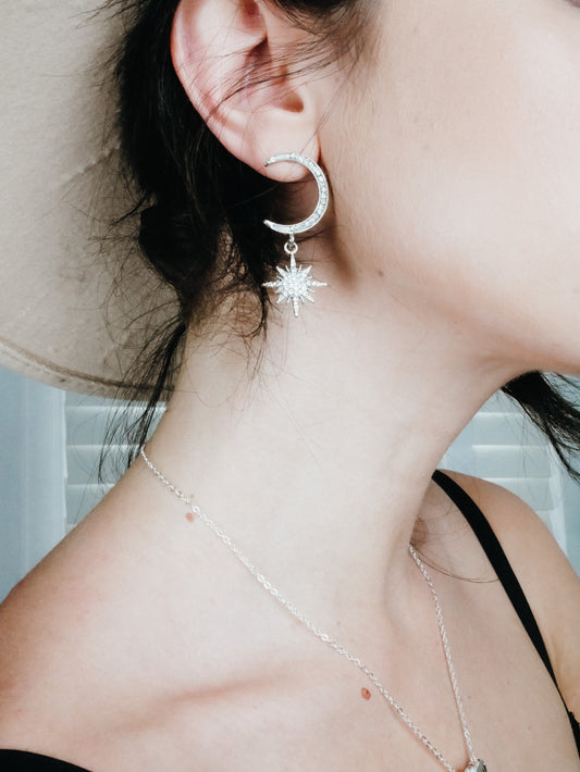 Silver crystal moon star earrings