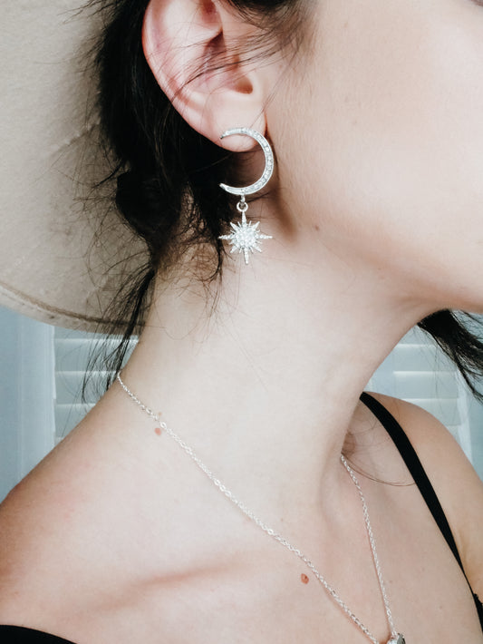 Silver crystal moon star earrings