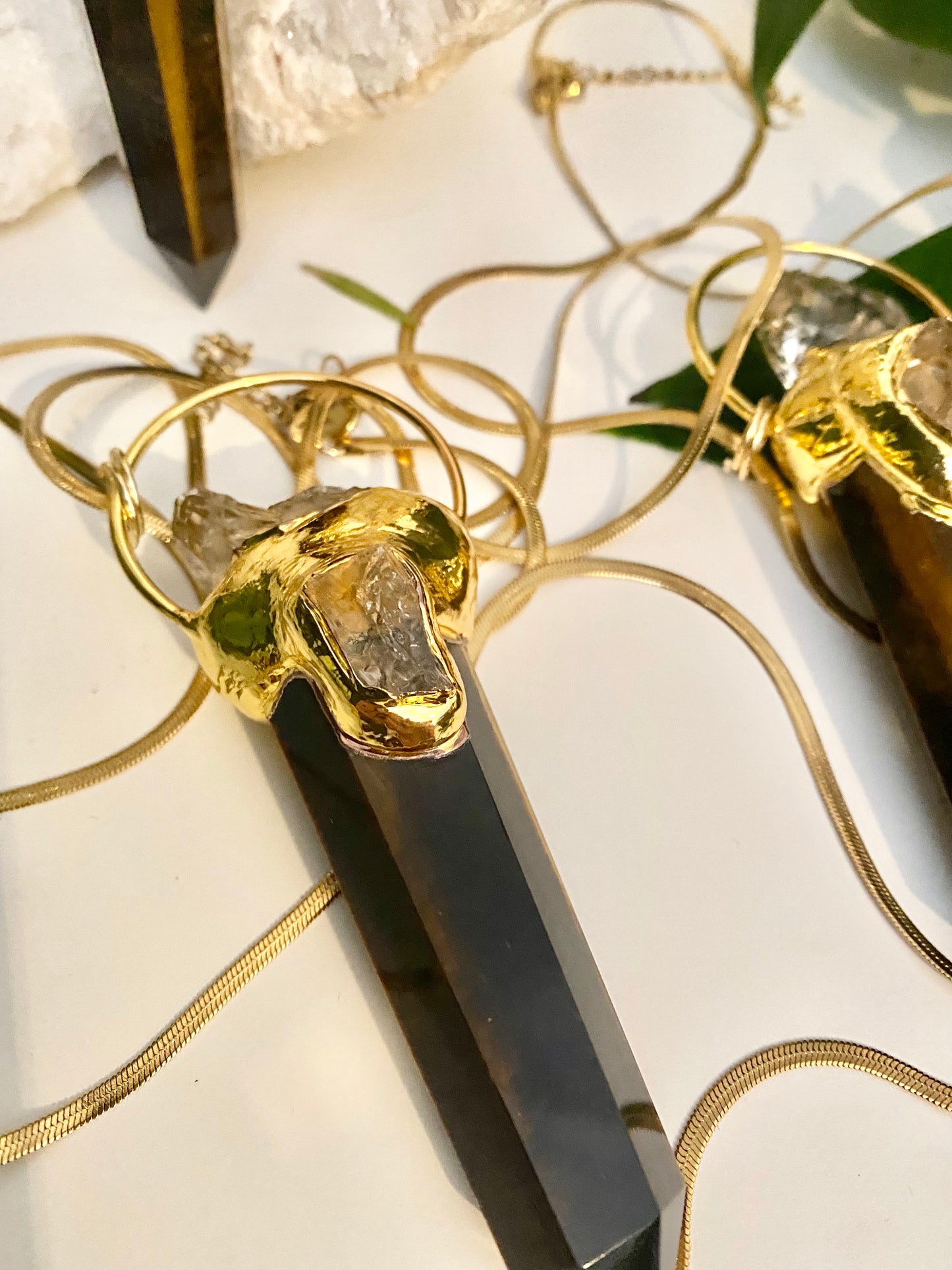 Large statement Tigers eye crystal and citrine point necklace