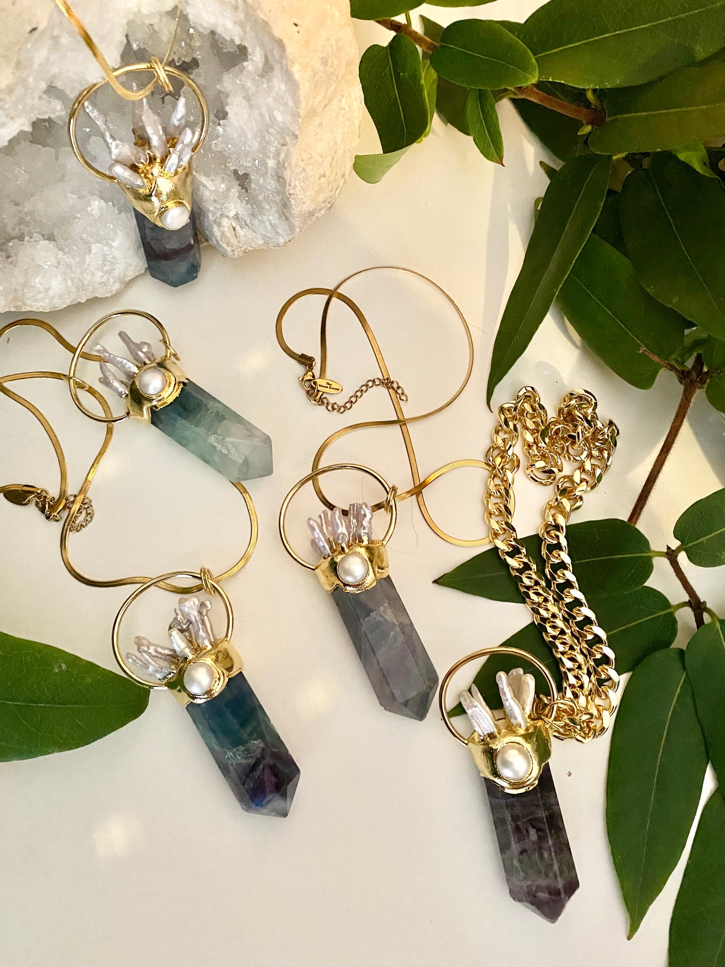 Large statement Rainbow Fluorite crystal and Biwa Pearl point necklace