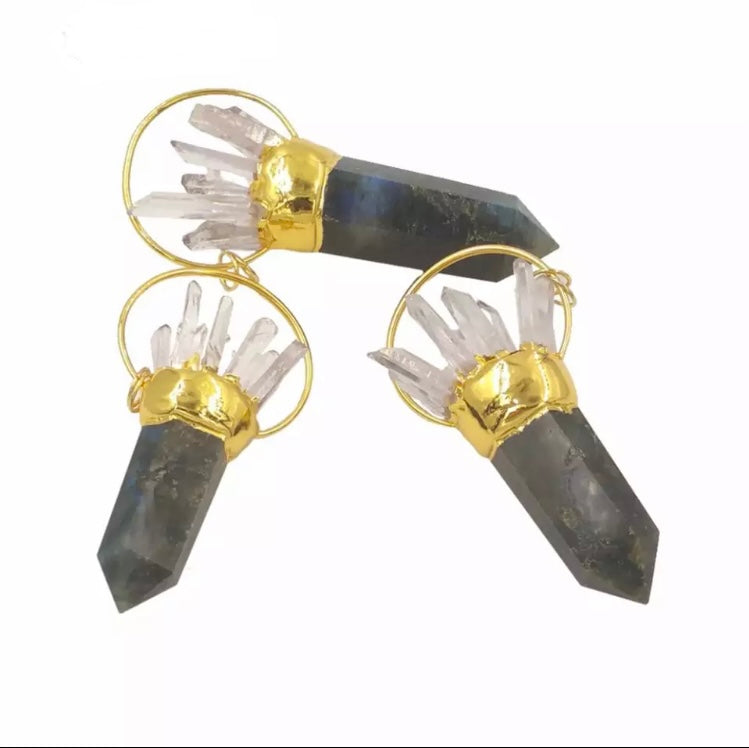 Large statement Labradorite crystal and clear Quartz point necklace