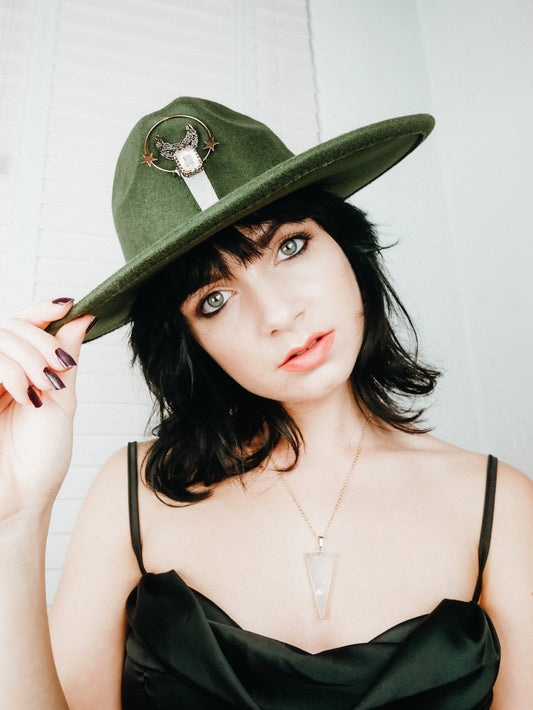 Moon Star Clear Quartz Green Large Brim Fedora Hat