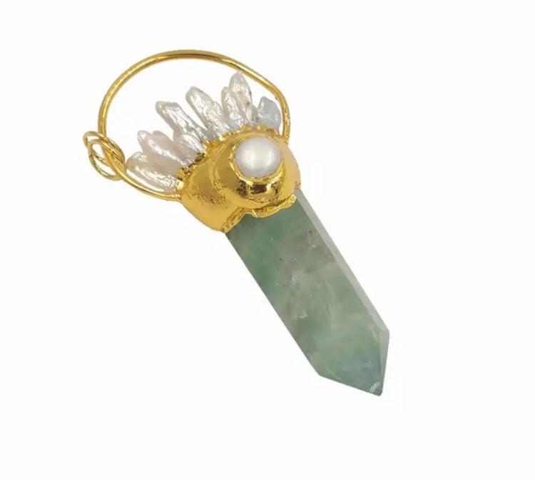 Large statement Rainbow Fluorite crystal and Biwa Pearl point necklace