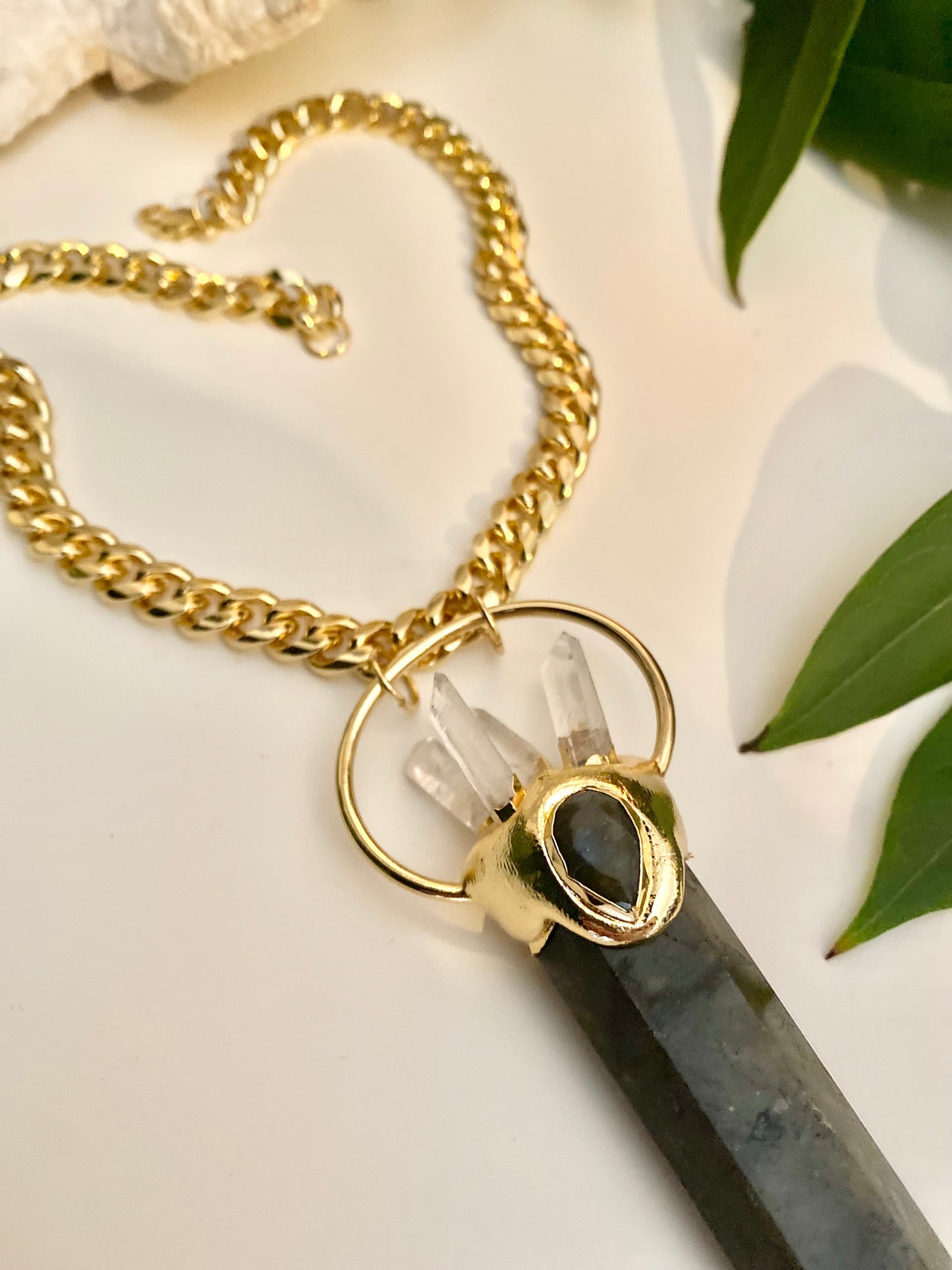 Large statement Labradorite crystal and clear Quartz point necklace