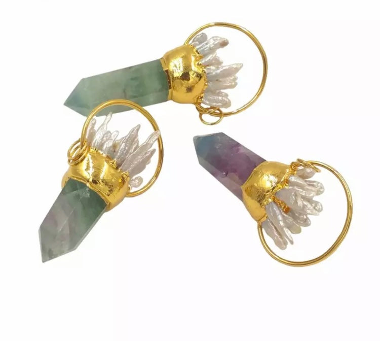 Large statement Rainbow Fluorite crystal and Biwa Pearl point necklace