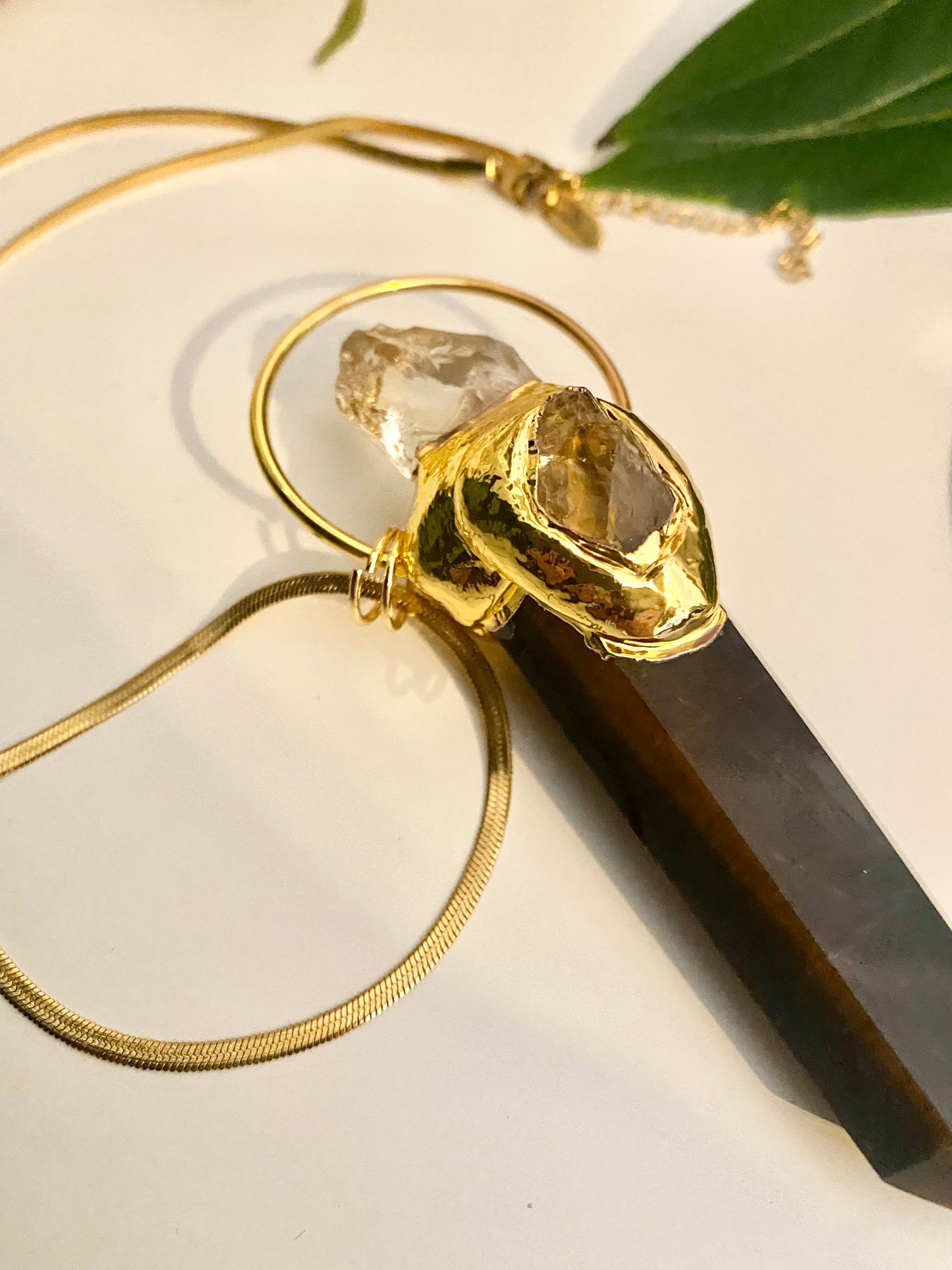 Large statement Tigers eye crystal and citrine point necklace